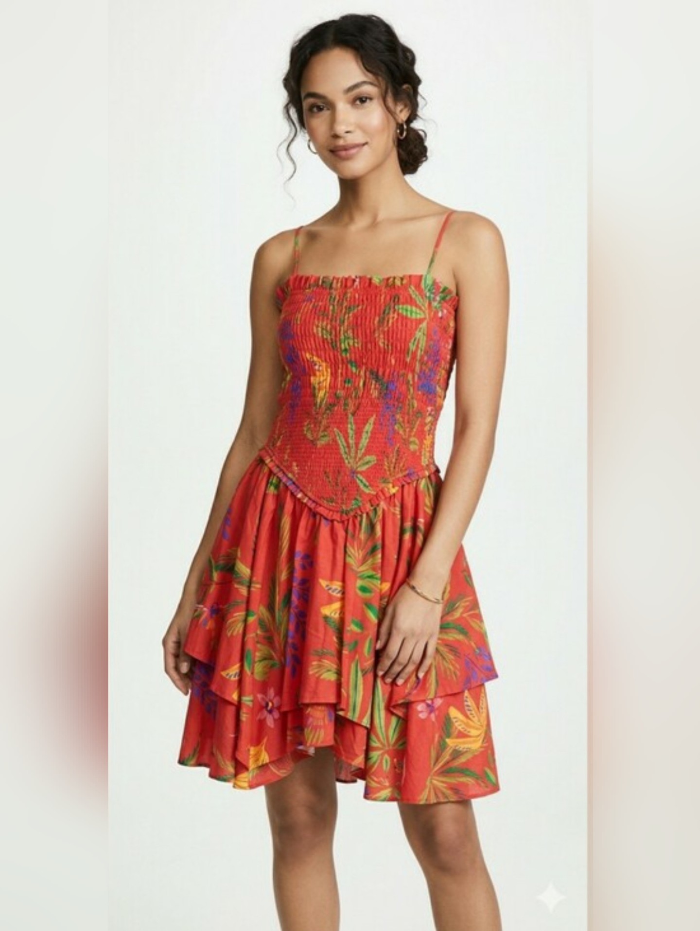 Boho Tropical Island Mini Sundress Smocked Asymmetrical Red Floral Xl New